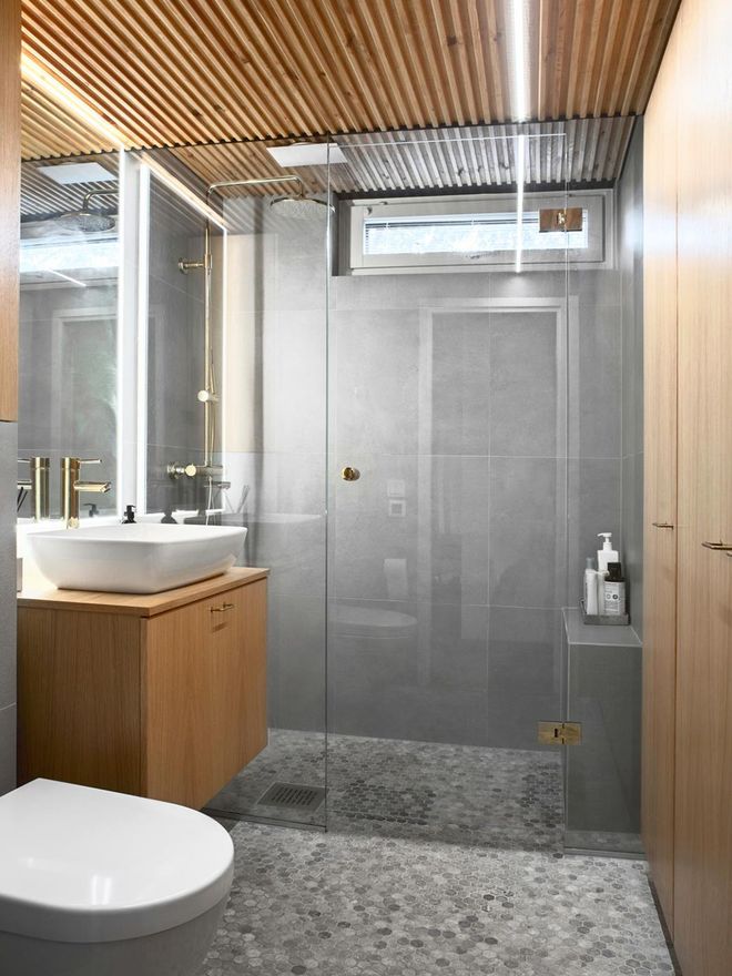 Bathroom with oak cabinets