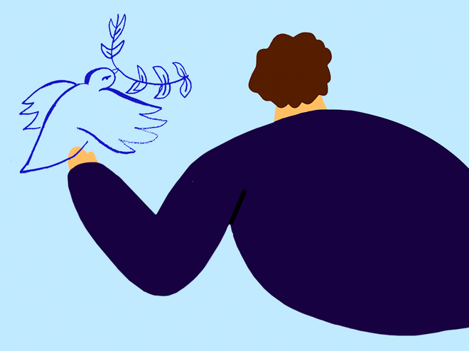 Illustration with a human figure dressed in dark blue, and with a dove of peace landed on their hand.