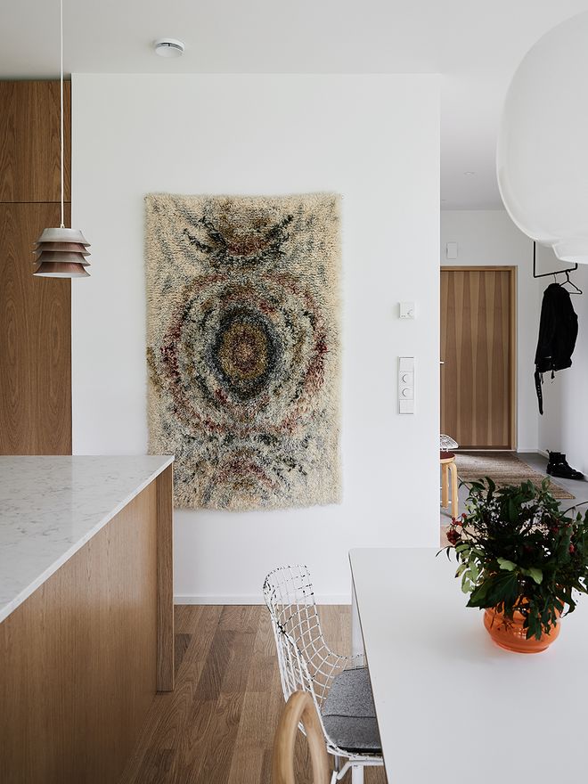 A Finnish rya, wall rug, on the kitchen wall