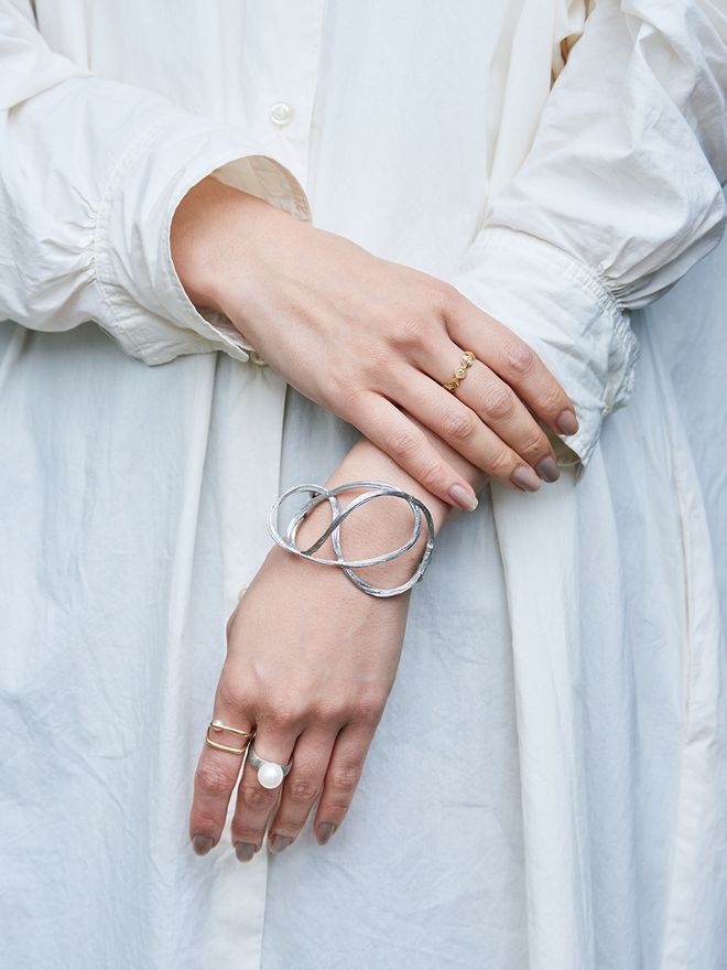 A detail of a silver jewelry