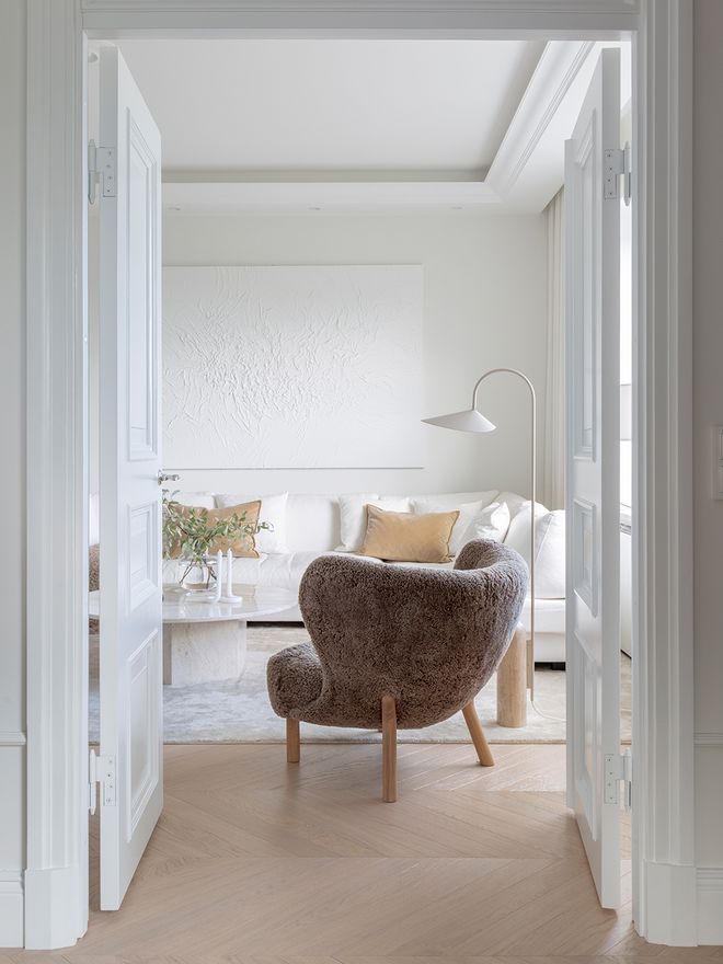 &Tradition  Little Petra lounge chair and pouf, Sahara sheepskin - walnut