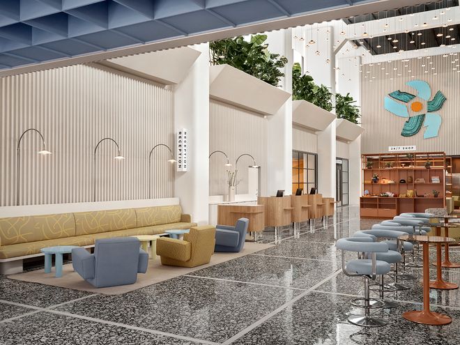 A hotel lobby with a high ceiling