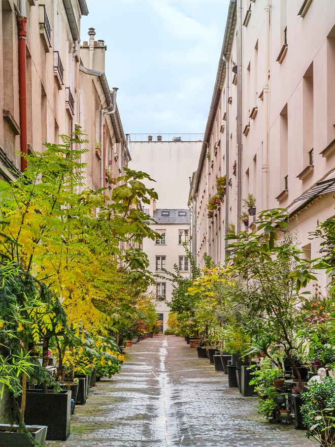 Lushly courtyard at rue du Fauborg-Saint-Denis, Paris