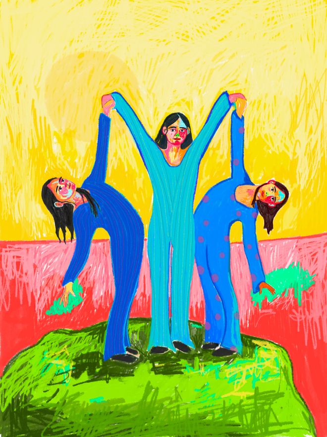 A colorful illustration of three women in blue holding hands and raising their arms