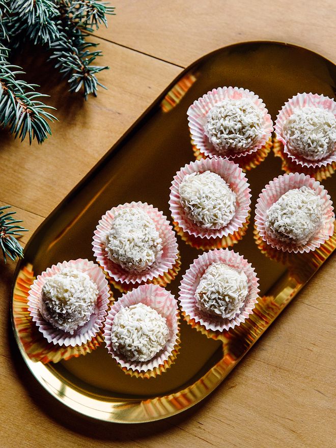Coconut mango truffles on Hay's Golden Tray