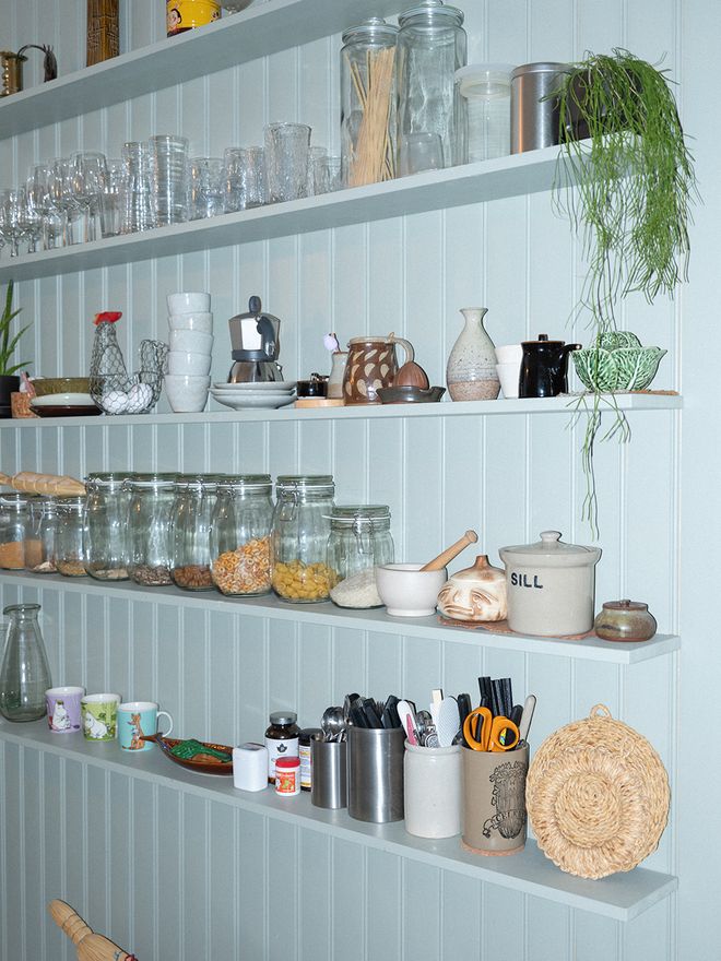 An image of open shelves in the kitchen 
