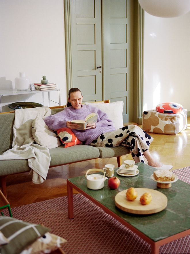 Marimekko's Unikko cushion covers in a living room.