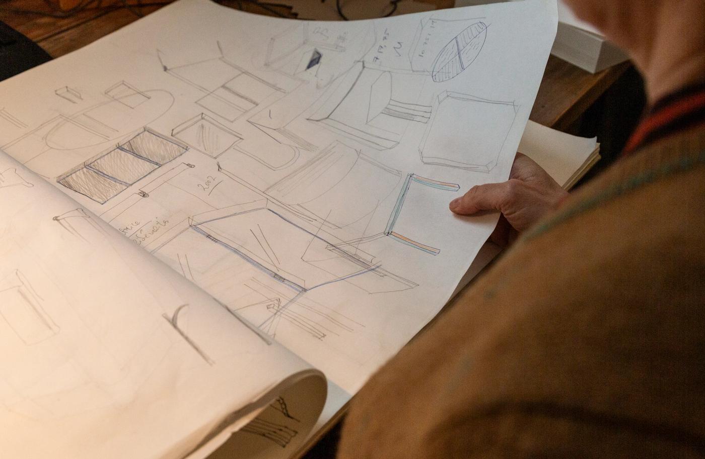 Pages from Inga Sempé's sketchbook with pencil drawings of furniture and product designs