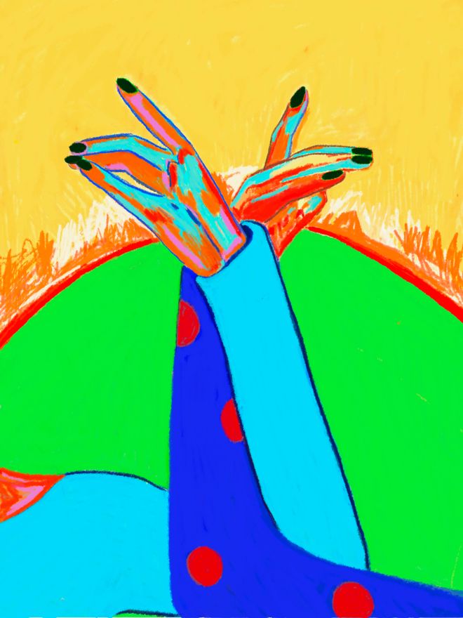 A colorful illustration of two interlocked hands against a yellow-green background