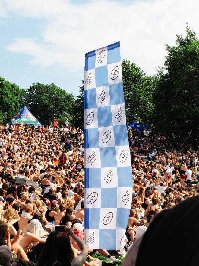 A checkerboard-patterned flag flies above a dense festival crowd in a park.