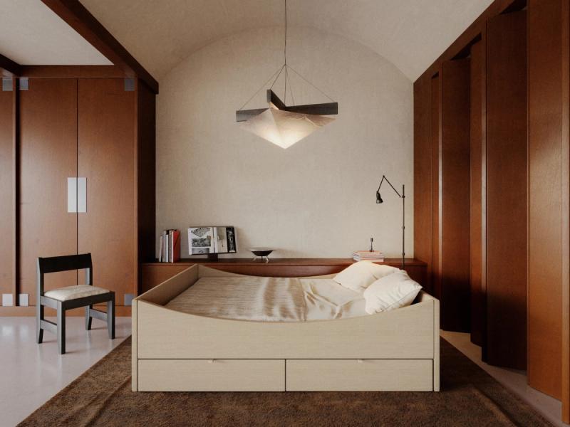 RYE-sängynrunko makuuhuoneessa, joka huokuu rauhallista, skandinaavista tunnelmaa