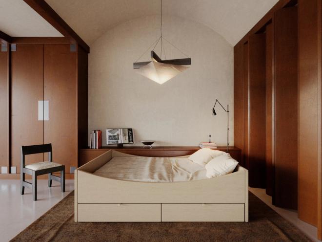 RYE's wooden bed frame in a calm, Scandinavian-style bedroom with soft natural light