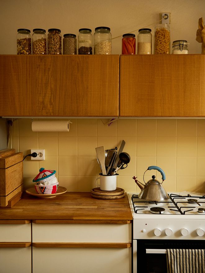 Kitchen with soft yellow tiles