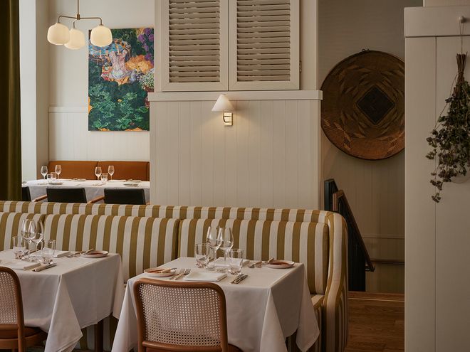 Striped sofas in Café Savoy