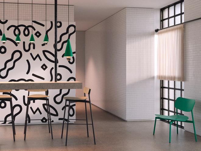 An image of Fromme lounge chair, Fromme bar chairs and Cherry pendant lights. 