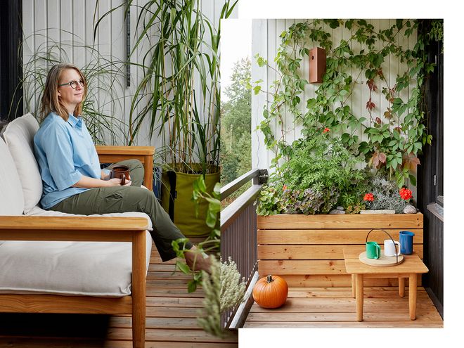 Julie Tolvanen on a balcony in Lauttasaari, Helsinki