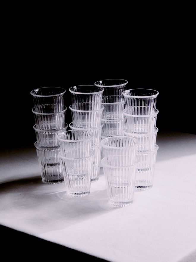Close-up of Service Projects' stacked drinking glasses