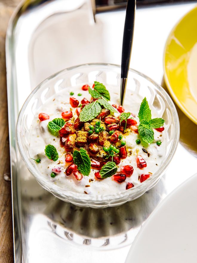Pomegranate raita in Iittala's Raami bowl