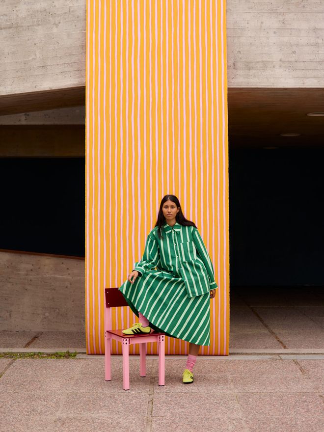 Model standing in Marimekko clothes