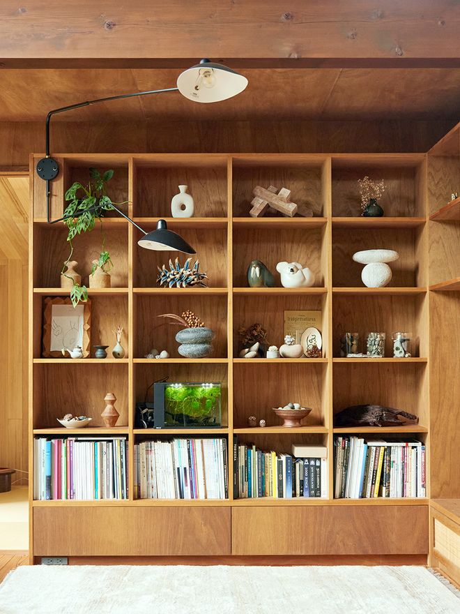 A book shelf in a living room 
