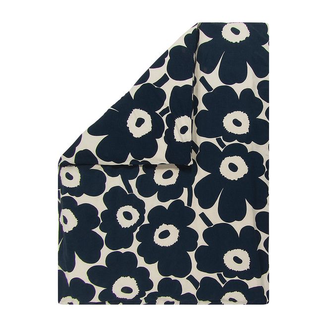 Marimekko's Unikko duvet cover in dark blue.