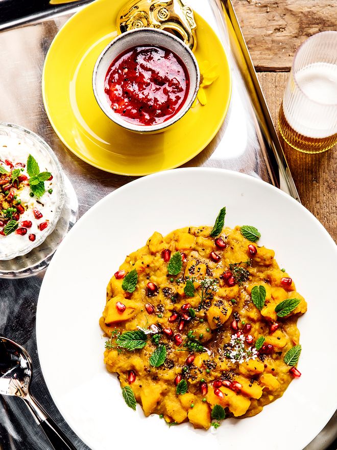 Pumpkin curry, plum chutney and pomegranate raita