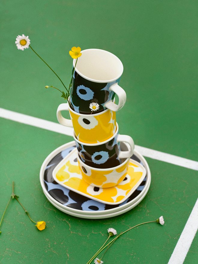 Marimekko Unikko tableware in yellow and blue
