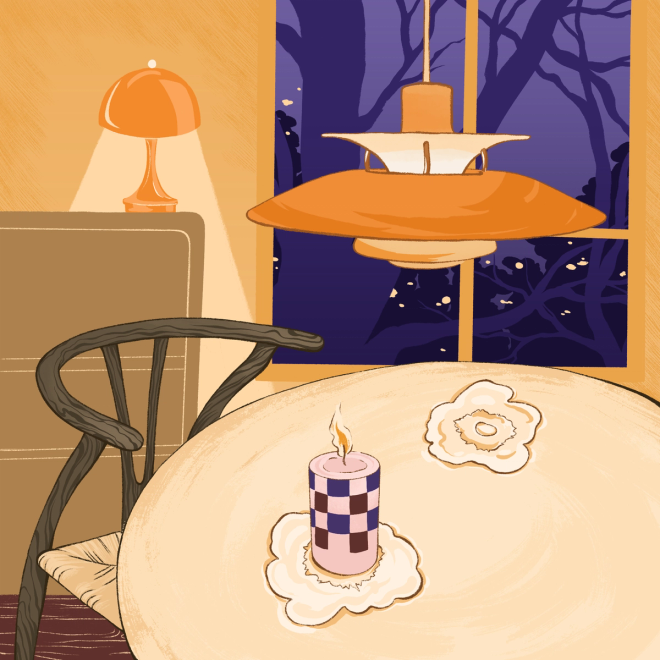 Illustration with Louis Poulsen's orange PH 5 pendant lamp.
