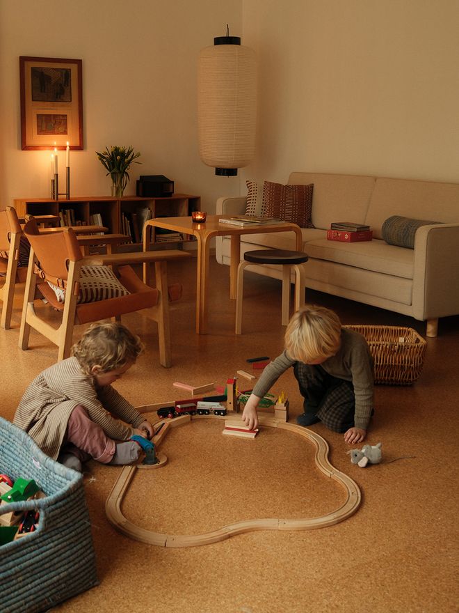 A living room floor made of natural cork