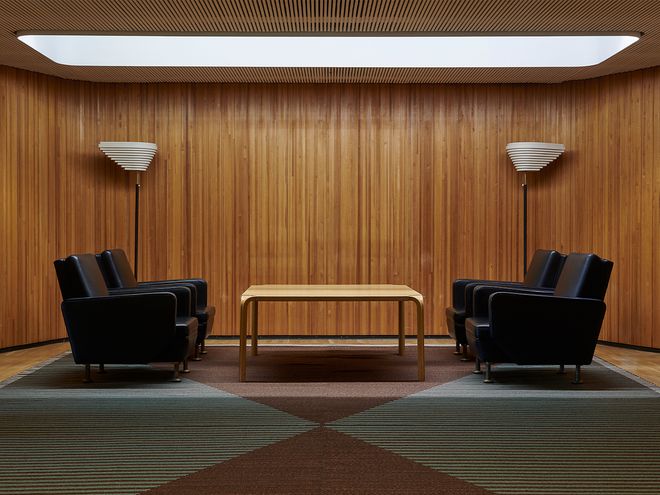 A dramatic skylight and Alvar Aalto furniture and lamps