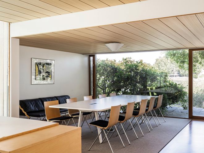 An image featuring Villa Ervi designed by architect Aarne Ervi. The photo shows the interior of the office building.