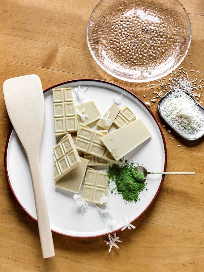 Ingredients for matcha white chocolate on Vaidava Ceramics' Earth plate