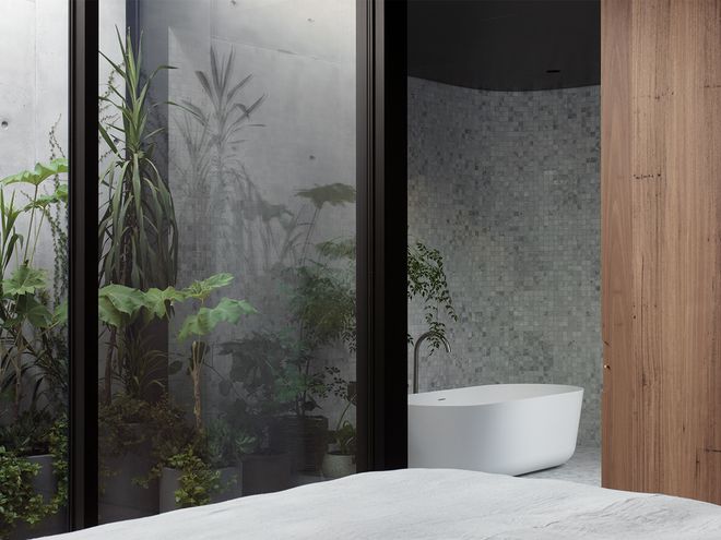 An image of Edition Office's Hawthron House. This image focuses on the bathroom decor.