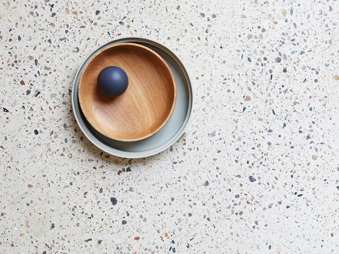 Form & Refine's Section oak bowl on a terrazzo tabletop