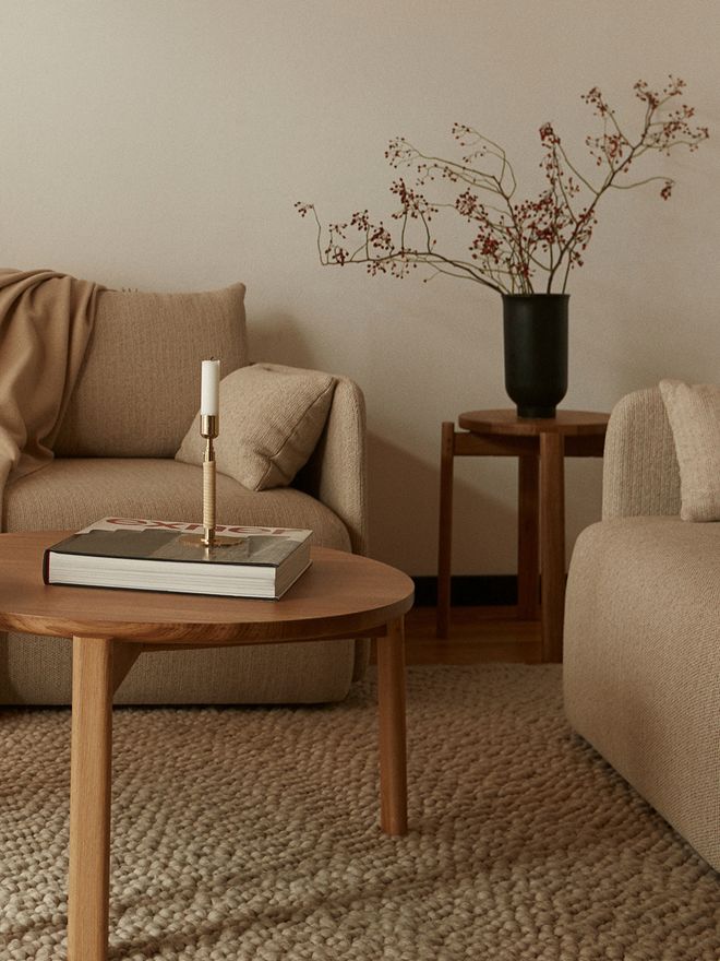 MENU Passage lounge table, stool and Duca candleholder by Krøyer-Sætter-Lassen.