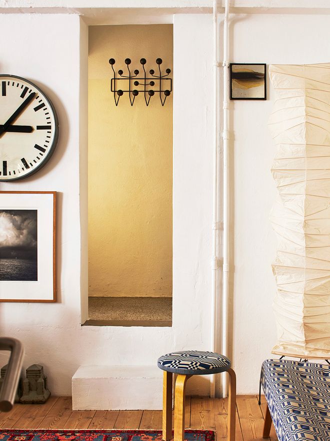 Artek stool upholstered in Johanna Gullischen Nereus fabric at Johanna and Daniel Bruun's home