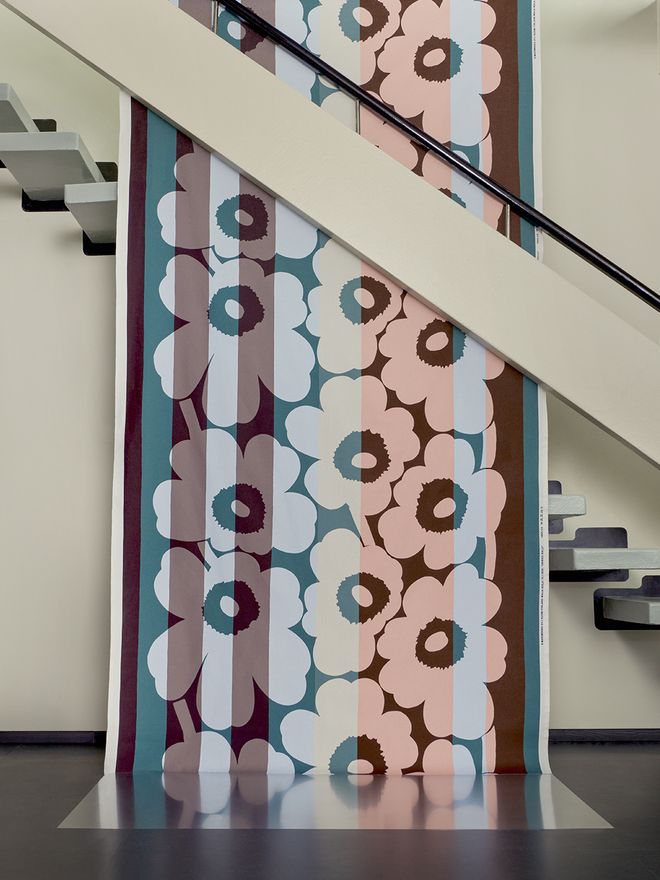 Marimekko  Unikko Ralli heavyweight cotton fabric, brown - teal -light pink