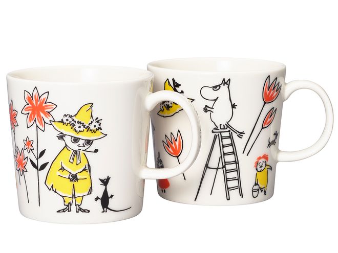 Two Moomin by Arabia x Red Cross Moomin ABC mugs side by side on a white background