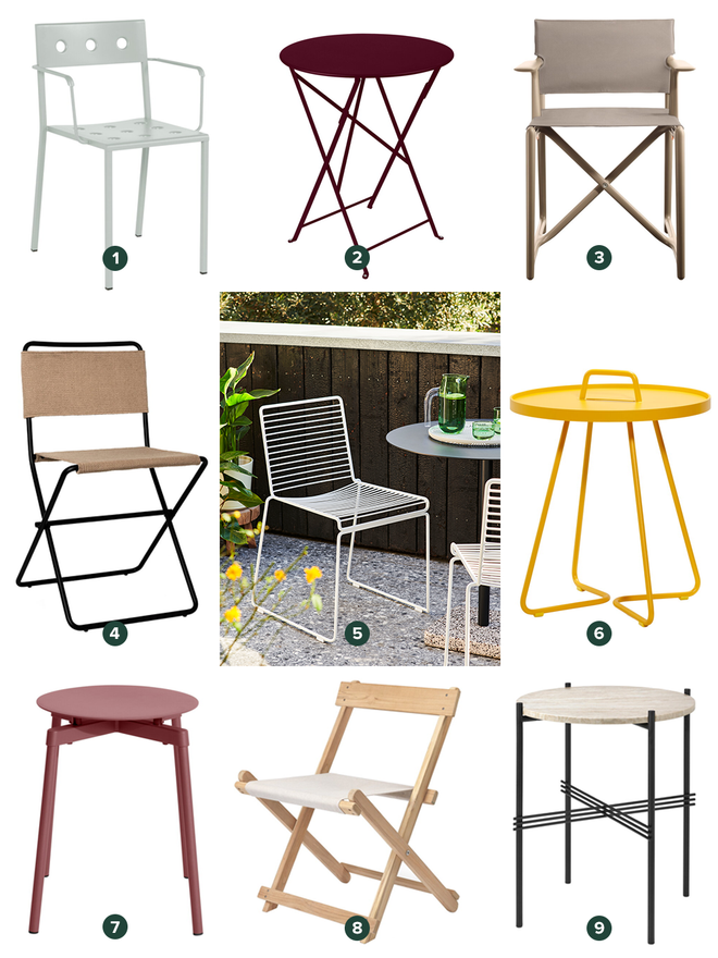 A collage of outdoor furniture.