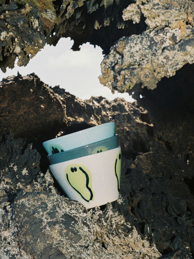 Close-up of Frizbee Ceramics' mugs