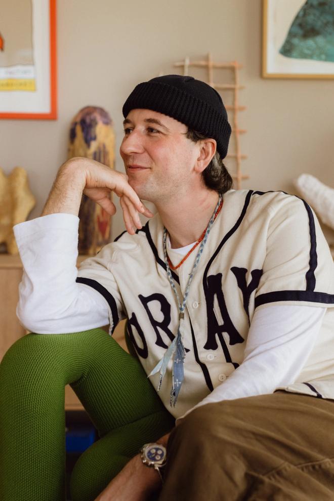 Close-up of Fredrik Bull in his Oslo home surrounded by art and objects