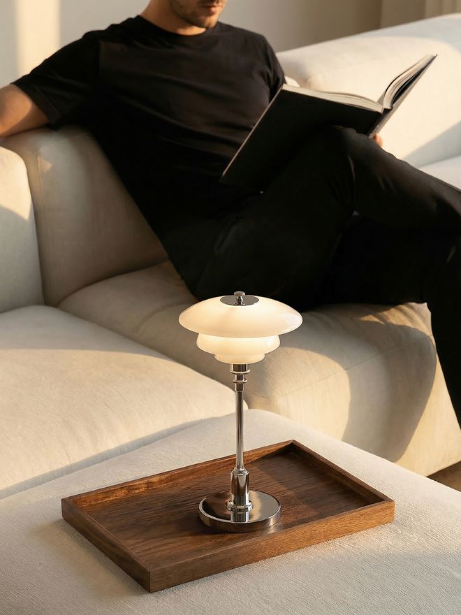 Louis Poulsen PH 1/1 Portable Lamp with stacked white opal glass shades and polished chrome stem, lit on a wooden tray in a sunlit living room setting