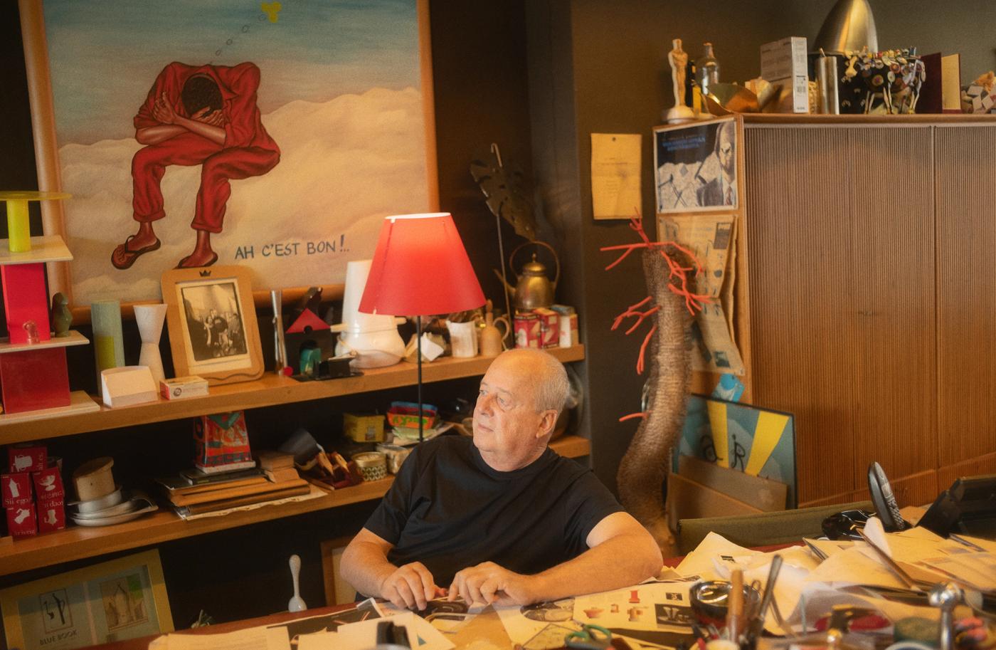 Alberto Alessi sitting behind his desk in the Alessi headquarters 