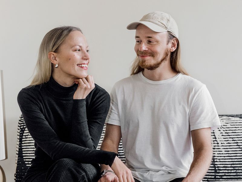 Design duo Saana ja Olli’s sofa is clad in Vuokko’s Hedelmä fabric