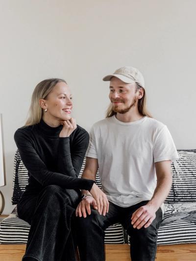 Saana ja Olli’s sofa is clad in Vuokko’s Hedelmä fabric | Design Stories