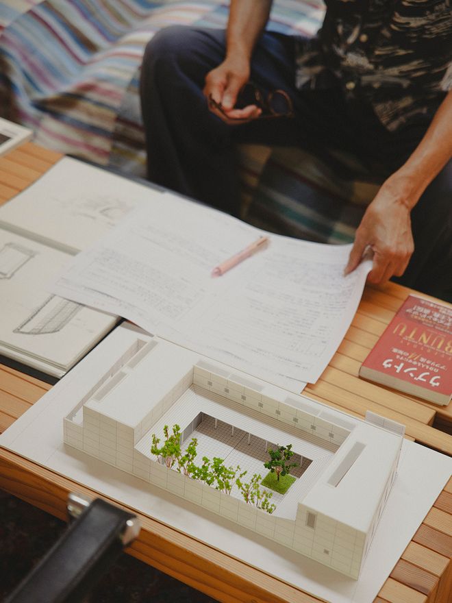 Architectural sketches and a scale model