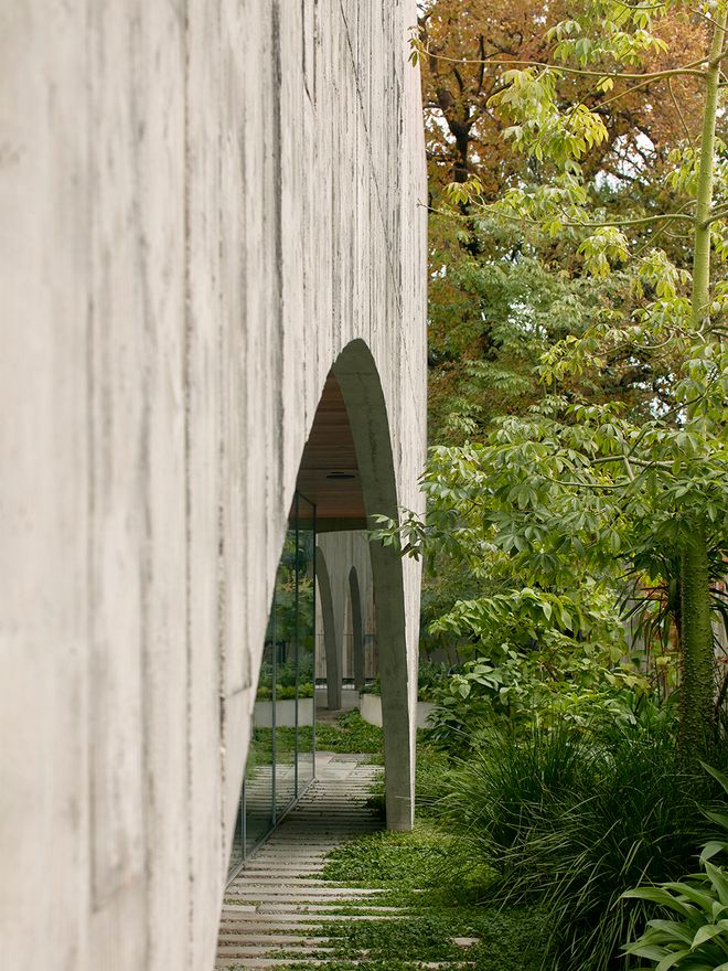 An image of Edition Office's Hawthron House. This image focuses on the concrete façade.