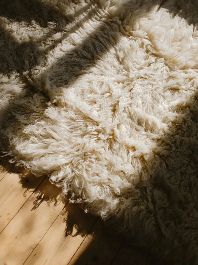 Close-up of a fluffy, natural white Shaggy wool rug on a wooden floor
