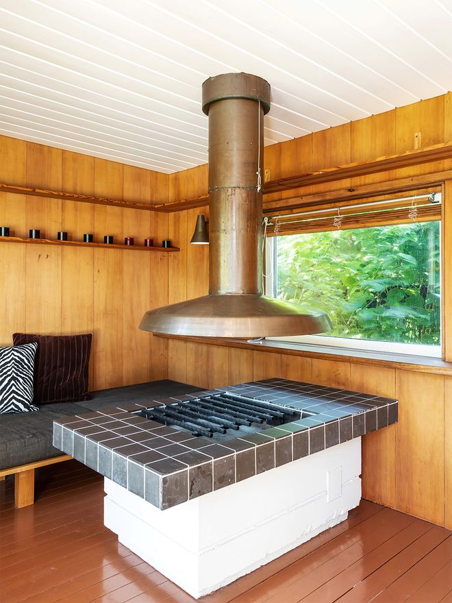 An image featuring Villa Ervi designed by architect Aarne Ervi. The photo shows the interior of the sauna building.
