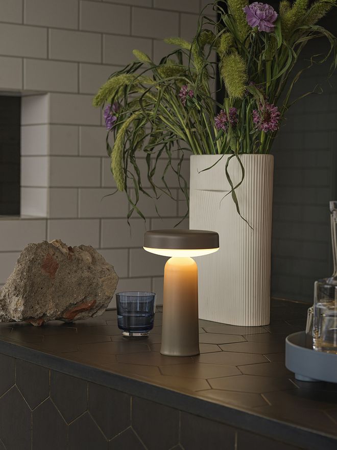 Image featuring Muuto's Ease portable table lamp as part of the kitchen interior.